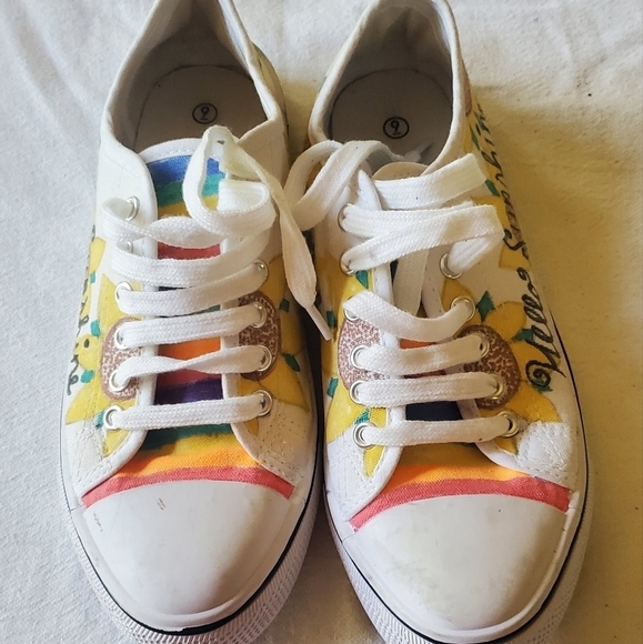 Hand Painted Canvas "Hello Sunshine" Sunflowers Rainbow Sz. 9 Sneakers - Picture 1 of 9
